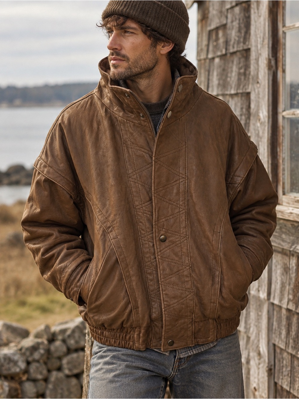 Men's Brown Leather Bomber Jacket - Rugged Quilted Panel Design
